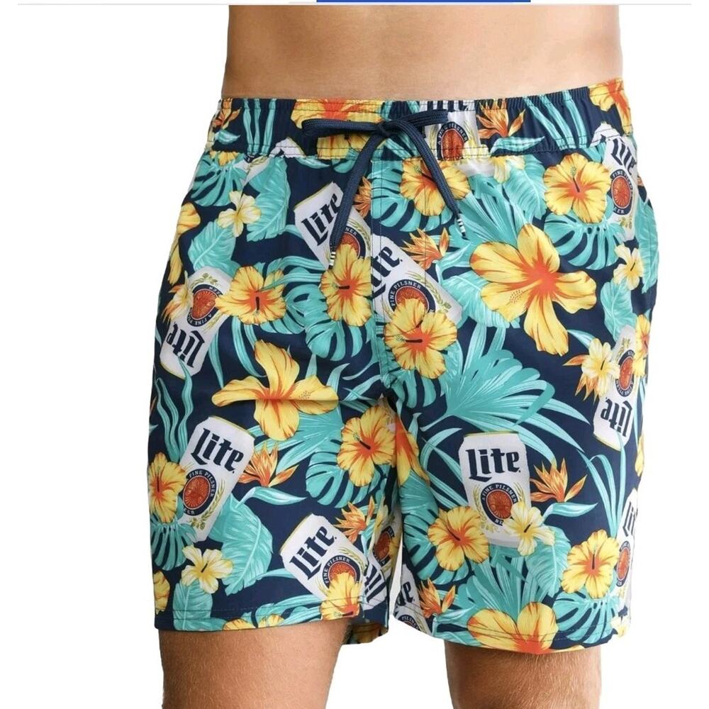 Miller Lite Beer Hawaiian Floral Swim Trunks Navy 2X #566